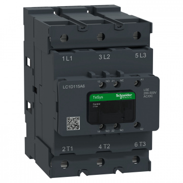 LC1D115A6LSE TeSys Deca kontaktör, 3P(3NO), AC-3/AC-3e, <=440V, 115A, 200-500V AC/DC bobin, pabuç-halka veya çubuklar
