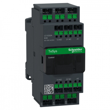 LC1D32AEHE Kontaktör, TeSys Deca Advanced, 3P(3NA), AC-3/3e, <=440V, 32A, 48...130V AC/DC bobin, snap-in terminaller