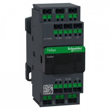 LC1D09AS7 Kontaktör, TeSys Deca, 3P(3NA), AC-3/3e, <=440V, 9A, 500V AC 50/60Hz bobin, snap-in terminaller