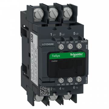 LC1D40A6BNE TeSys Deca Kontaktör,3P(3NO),AC-3/AC-3e/<=440V 40A,24-60V AC/DC Bobinli,Yüzük Pabuçlu