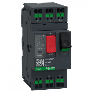 GV2ME03A Motor koruma şalteri, TeSys Deca, 3P, AC‑3/AC‑3e, 0.25–0.4 A, termik-manyetik, snap-in terminalli
