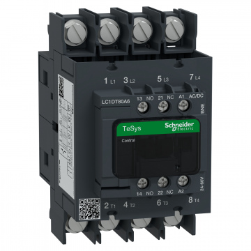 LC1DT80A6BNE TeSys Deca Kontaktör, 4P(4NO), AC-1, <=440V 80A, 24...60V Geniş Bant AC/DC Bobinli, Yüzük Pabuç Terminalli
