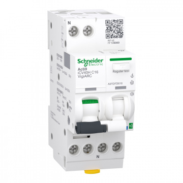 A9TDFD616 Aktif ark arıza tespit RCBO, Acti9 Active iCV40H ARC, 1P+N, 16A, C eğrisi, 30mA, A-SI tipi, 10000A