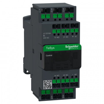 LC1D18ABL Kontaktör, TeSys Deca, 3P(3NA), AC-3/3e, <=440V, 18A, 24V DC düşük tüketimli bobin, snap-in terminaller