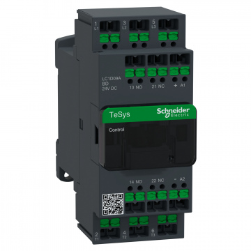 LC1D09ABD Kontaktör, TeSys Deca, 3P(3NA), AC-3/3e, <=440V, 9A, 24V DC bobin, snap-in terminaller