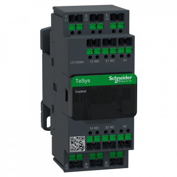 LC1D09AB7 Kontaktör, TeSys Deca, 3P(3NA), AC-3/3e, <=440V, 9A, 24V AC 50/60Hz bobin, snap-in terminaller
