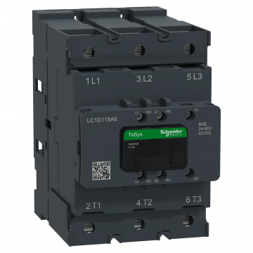 LC1D115A6BNE Kontaktör, TeSys Deca Advanced, 3P(3NO), AC-3/AC-3e, <=440V, 115A, 24-60V AC/DC bobin, pabuç-halka veya çubuklar