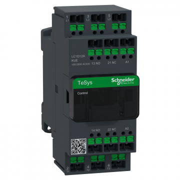 LC1D12AKUE Kontaktör, TeSys Deca Advanced, 3P(3NA), AC-3/3e, <=440V, 12A, 100...250V AC/DC bobin, snap-in terminaller